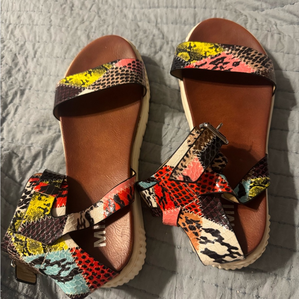 MIA Multicolor Snake-Print Slide Sandals with Yellow, Pink & Red Accents